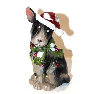 Transpac Christmas Dog Figurine Santa Hat Scarf Wrapped Lights Holiday Decor 7"